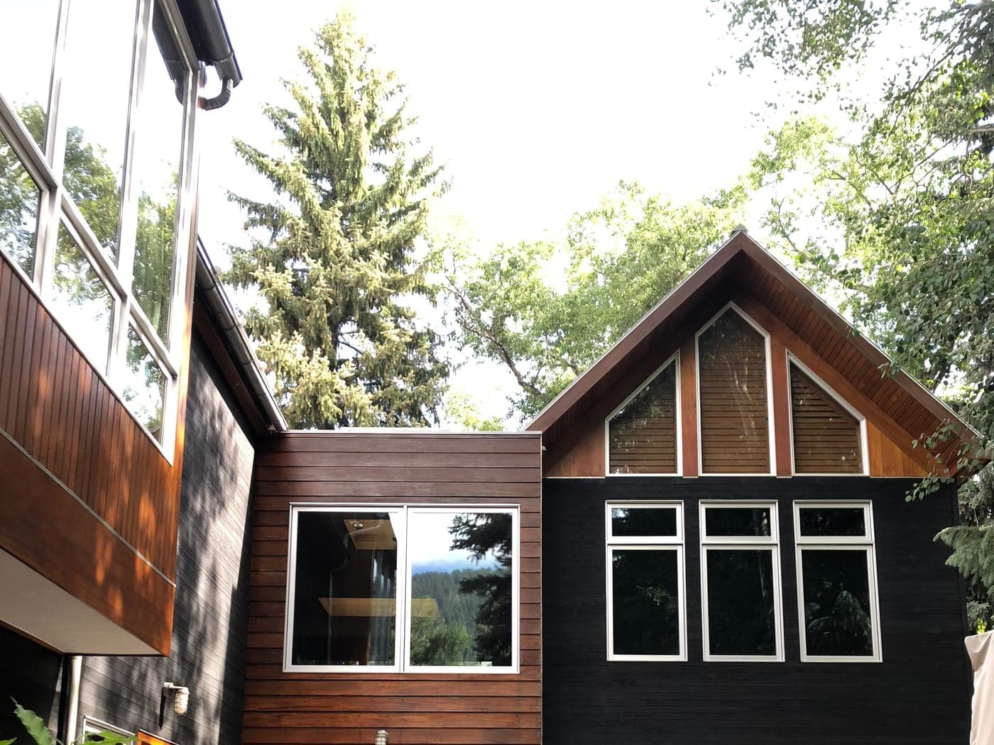 Aspen mountain home exterior with stained wood, dark painted trim, and large windows